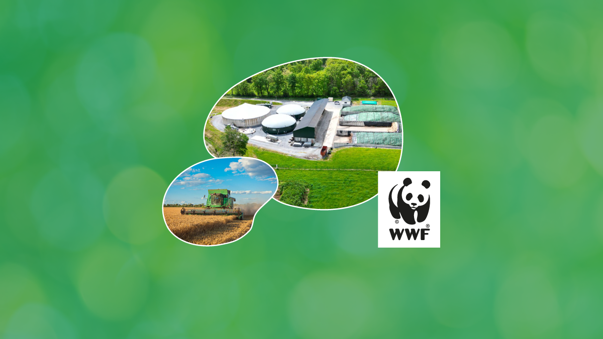 site de méthanisation, engin dans un champ et logo WWF sur un fond vert