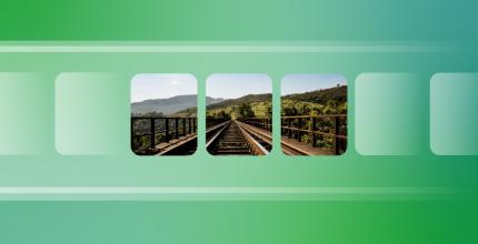 Succession de photos de voies ferrées sur fond vert.