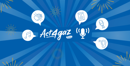 Logo Act4gaz radio sur fond bleu.