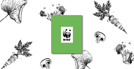 Livre vert avec le logo WWF avec un fond avec déchets de légumes en noir et blanc 