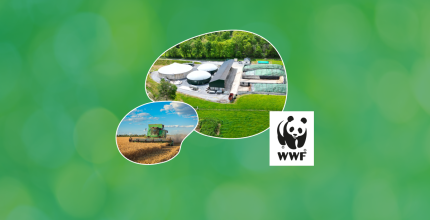site de méthanisation, engin dans un champ et logo WWF sur un fond vert