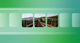 Succession de photos de voies ferrées sur fond vert.