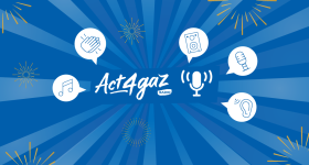 Logo Act4gaz radio sur fond bleu.